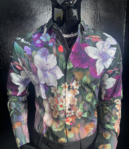 Galan Flower Rhinestone Dress Shirt